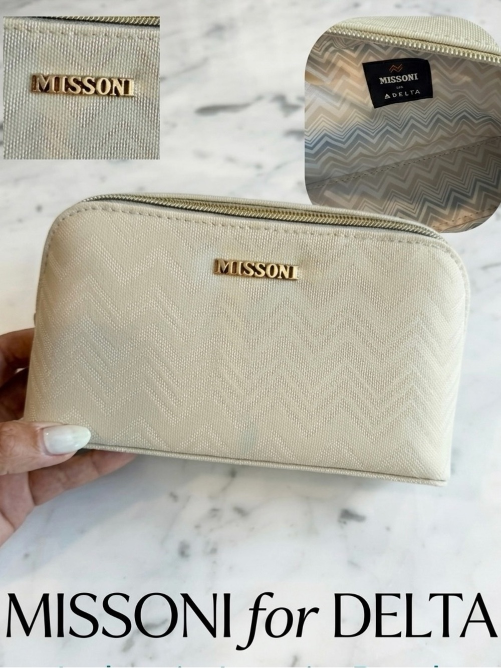 Missoni Cream Chevron Zip Cosmetic Case with Gold Logo NEW